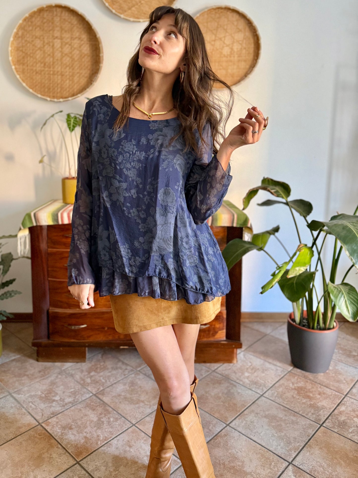 1990's vintage navy blue silk floral blouse with ruffle details