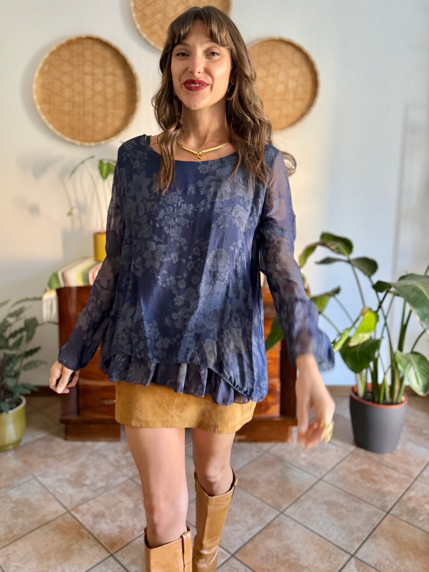 1990's vintage navy blue silk floral blouse with ruffle details