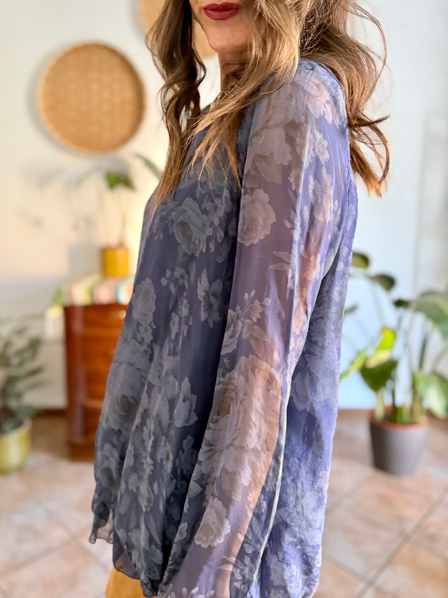 1990's vintage navy blue silk floral blouse with ruffle details