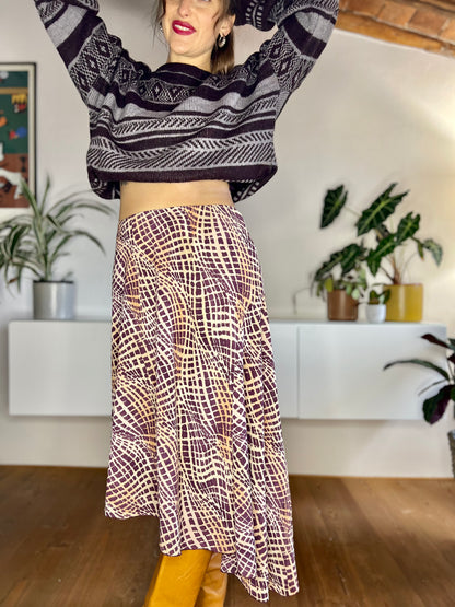 1990's vintage purple and brown asymmetrical geometric print midi skirt