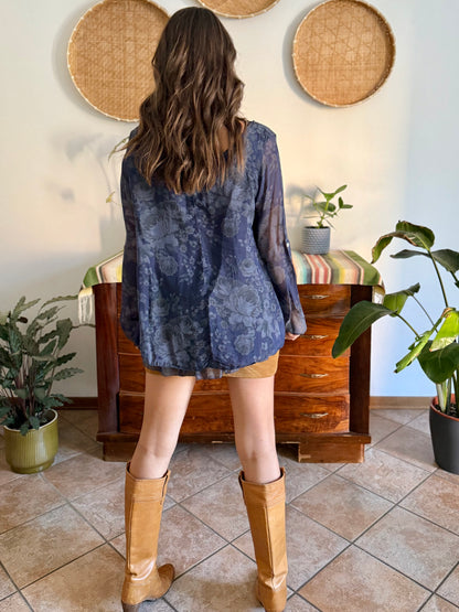 1990's vintage navy blue silk floral blouse with ruffle details