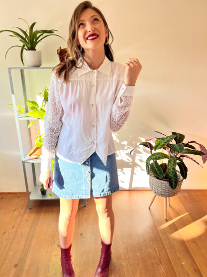 1980's vintage white blouse with lace sleeves