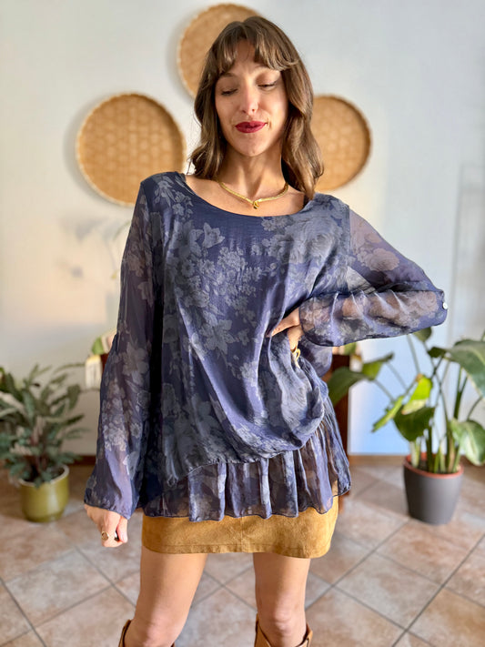 1990's vintage navy blue silk floral blouse with ruffle details