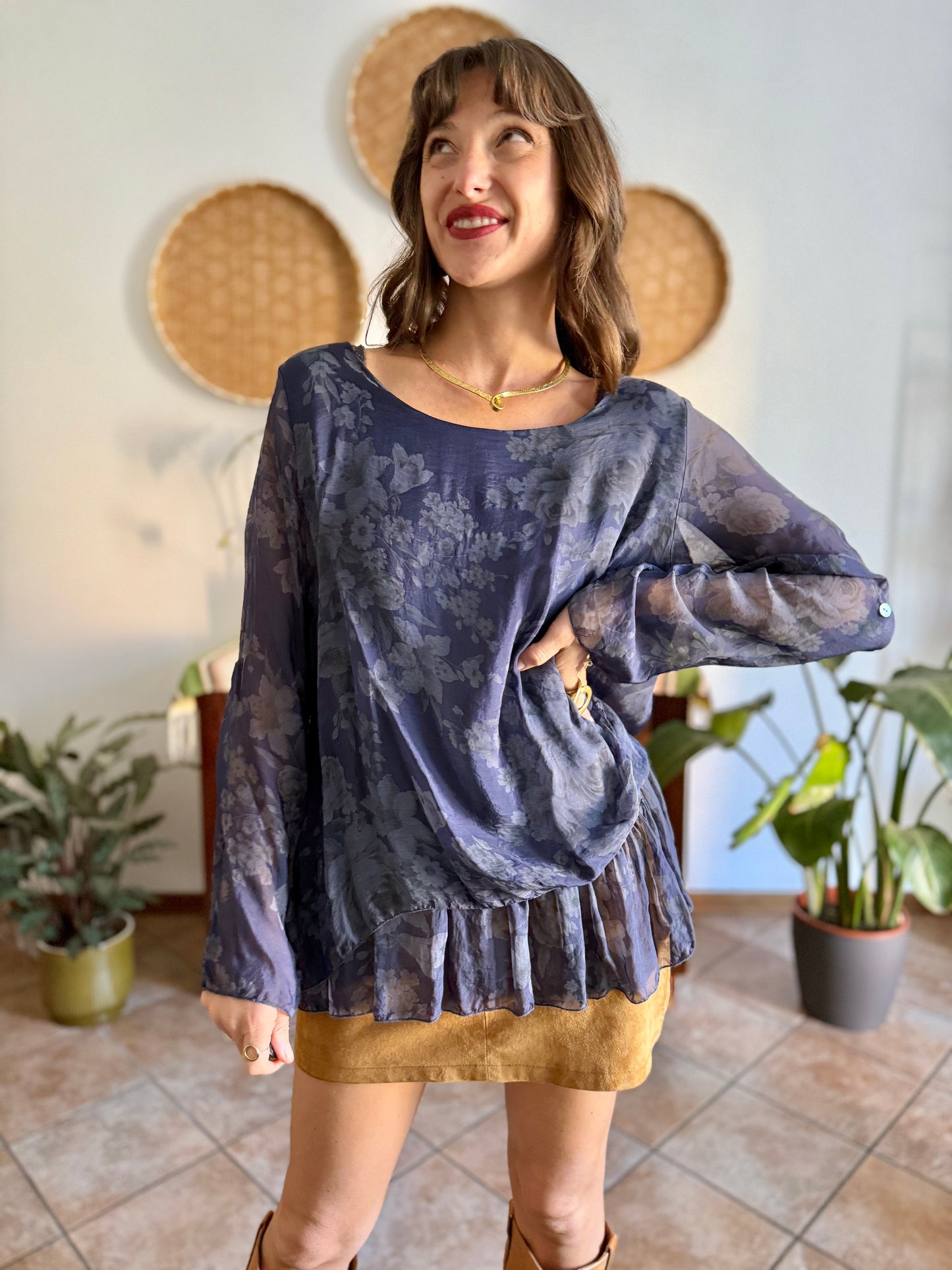 1990's vintage navy blue silk floral blouse with ruffle details