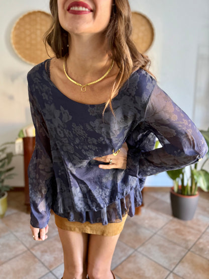 1990's vintage navy blue silk floral blouse with ruffle details
