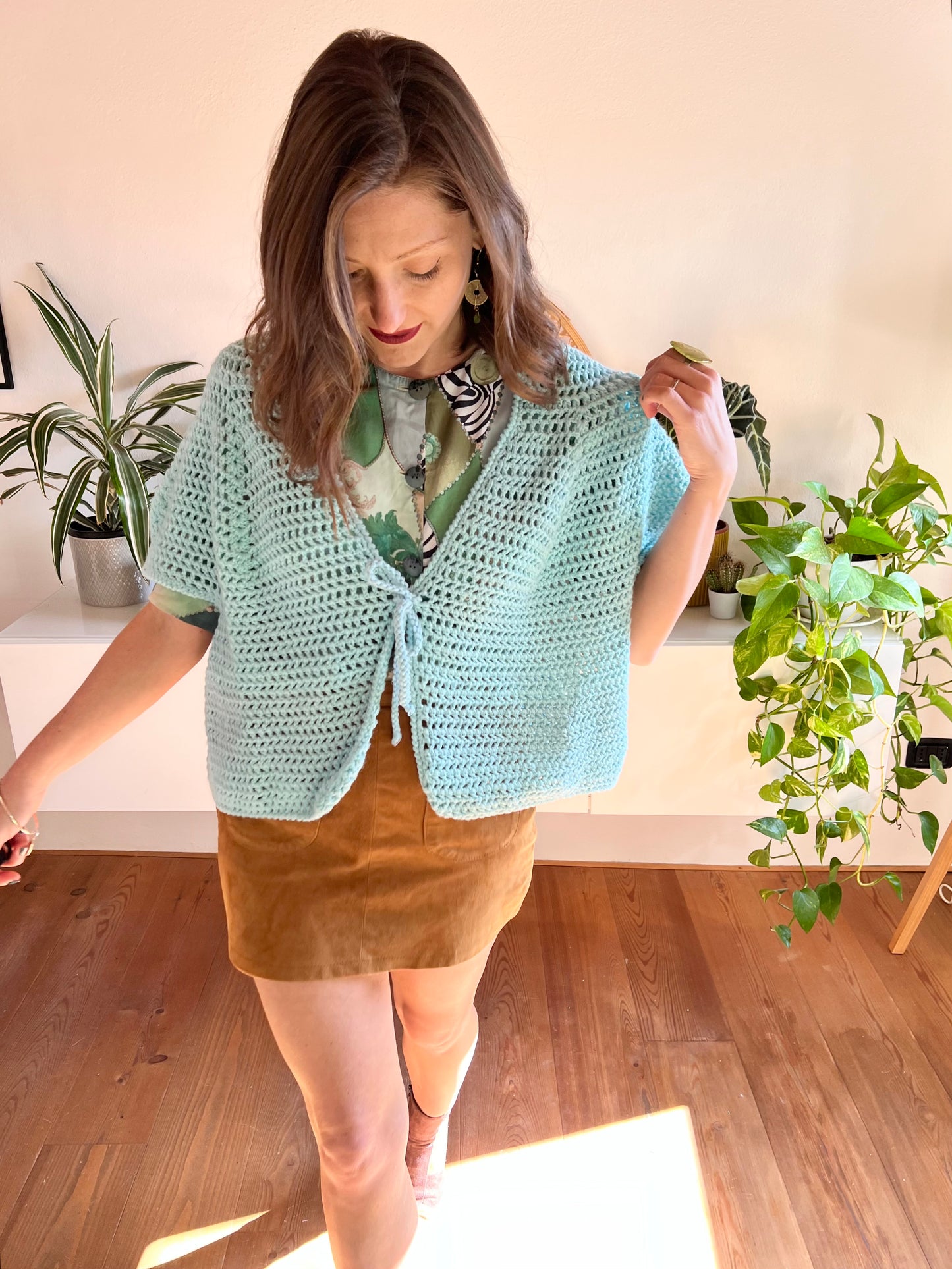 1970's vintage hand knit turquoise short sleeve cardigan