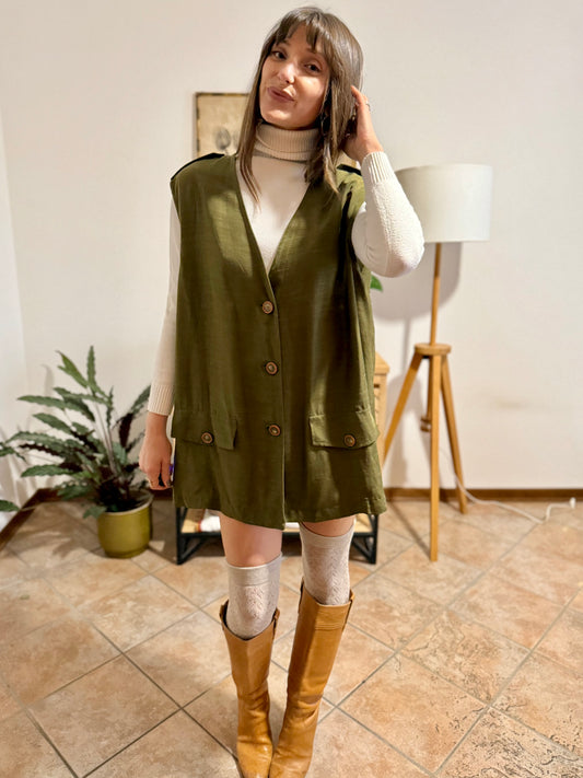 1970's vintage oversize linen blend textured military green mini dress