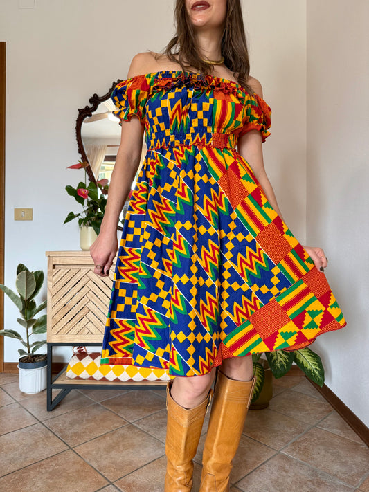 1970's vintage multicolor geometric print off the shoulder mini dress