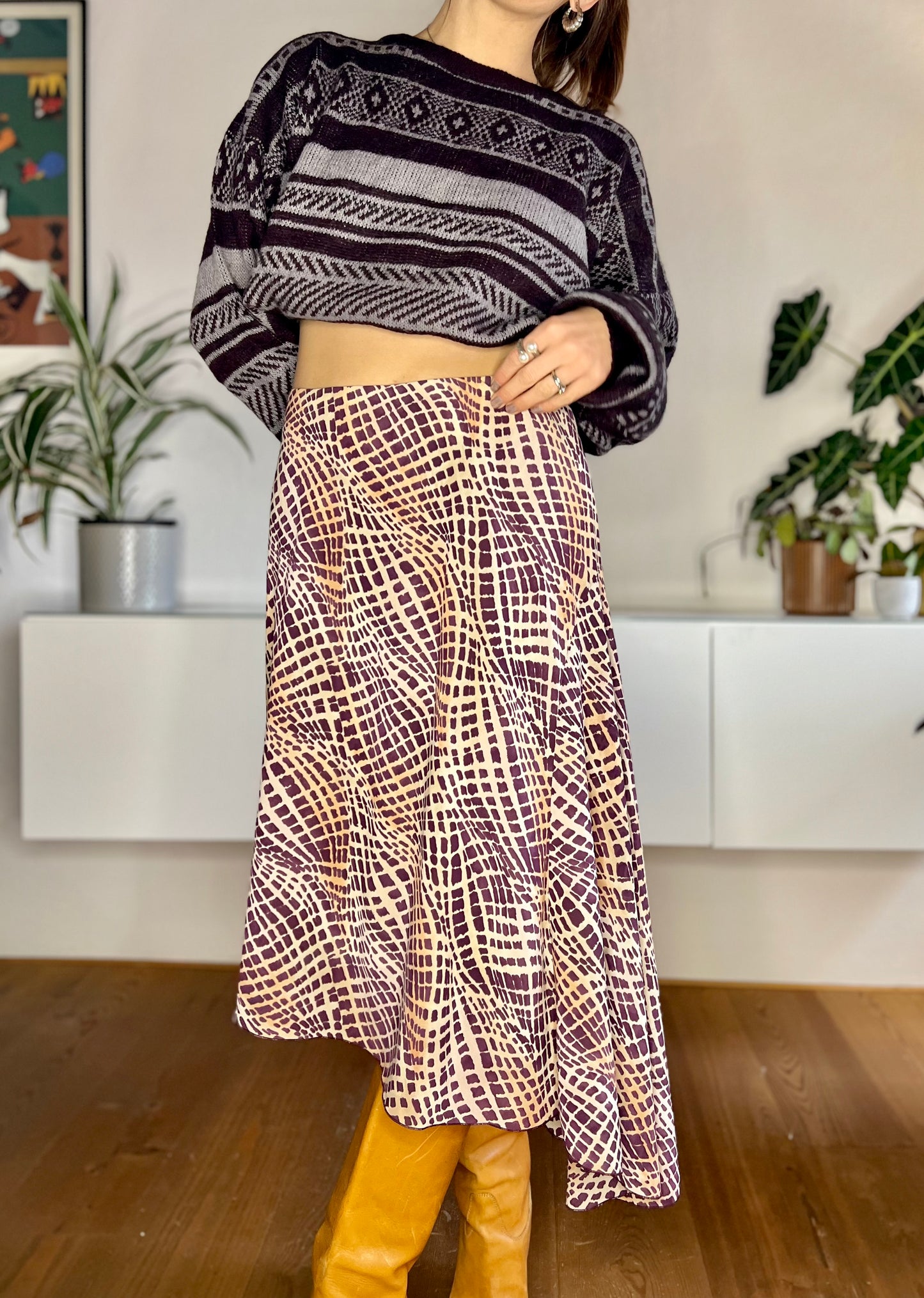 1990's vintage purple and brown asymmetrical geometric print midi skirt