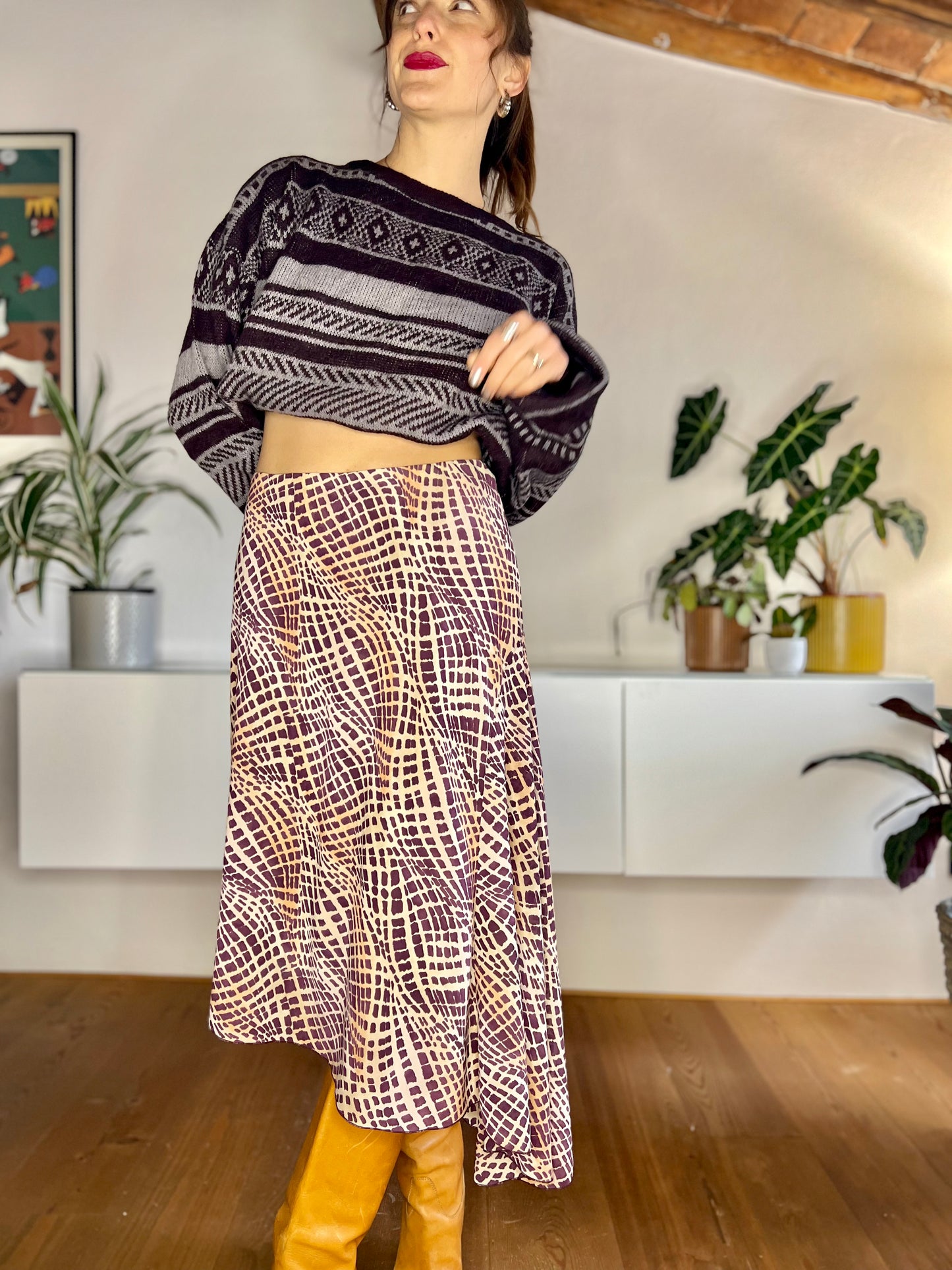 1990's vintage purple and brown asymmetrical geometric print midi skirt