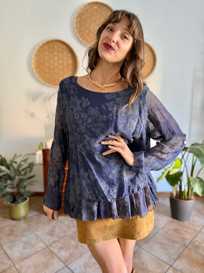 1990's vintage navy blue silk floral blouse with ruffle details