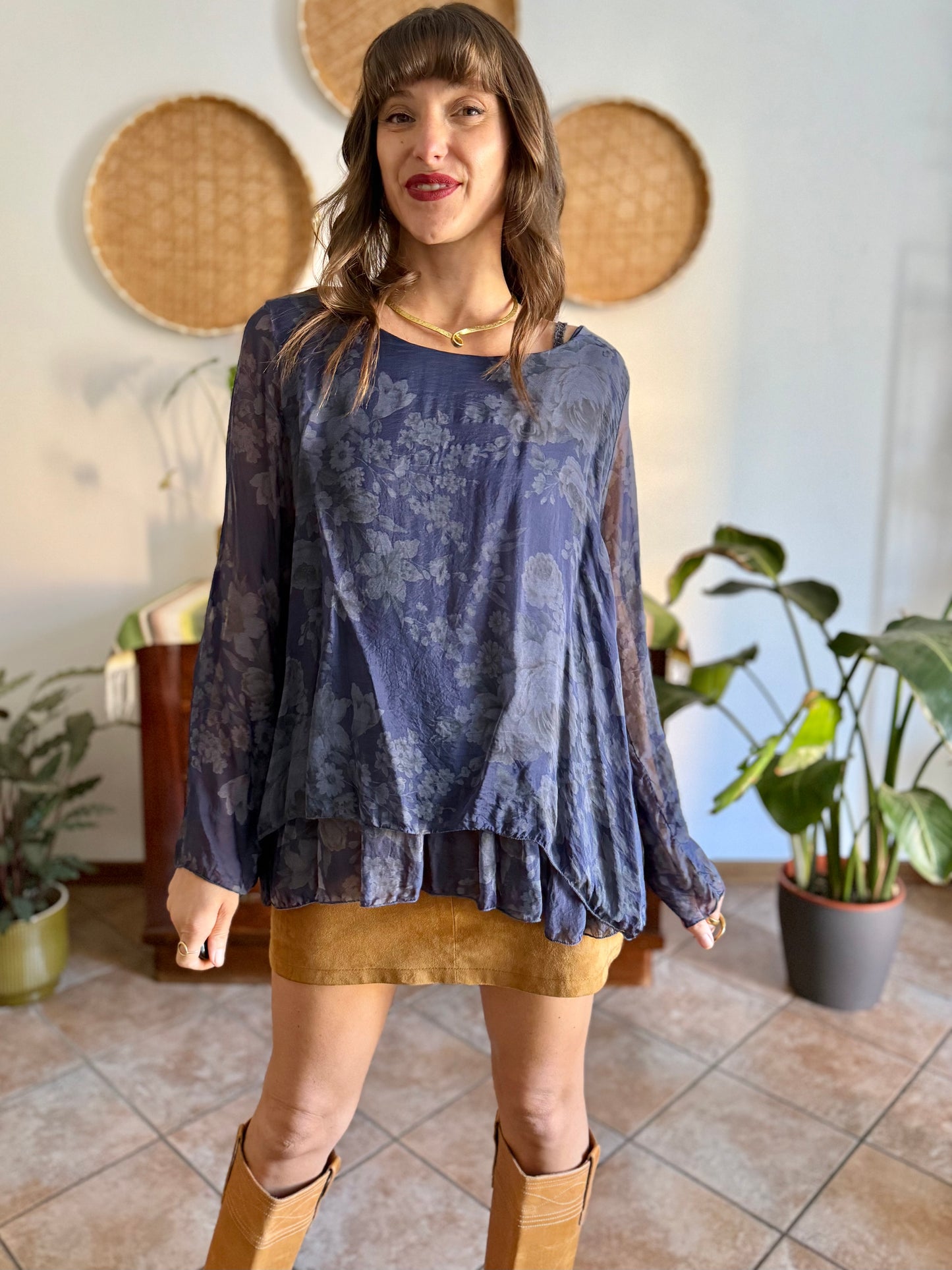 1990's vintage navy blue silk floral blouse with ruffle details