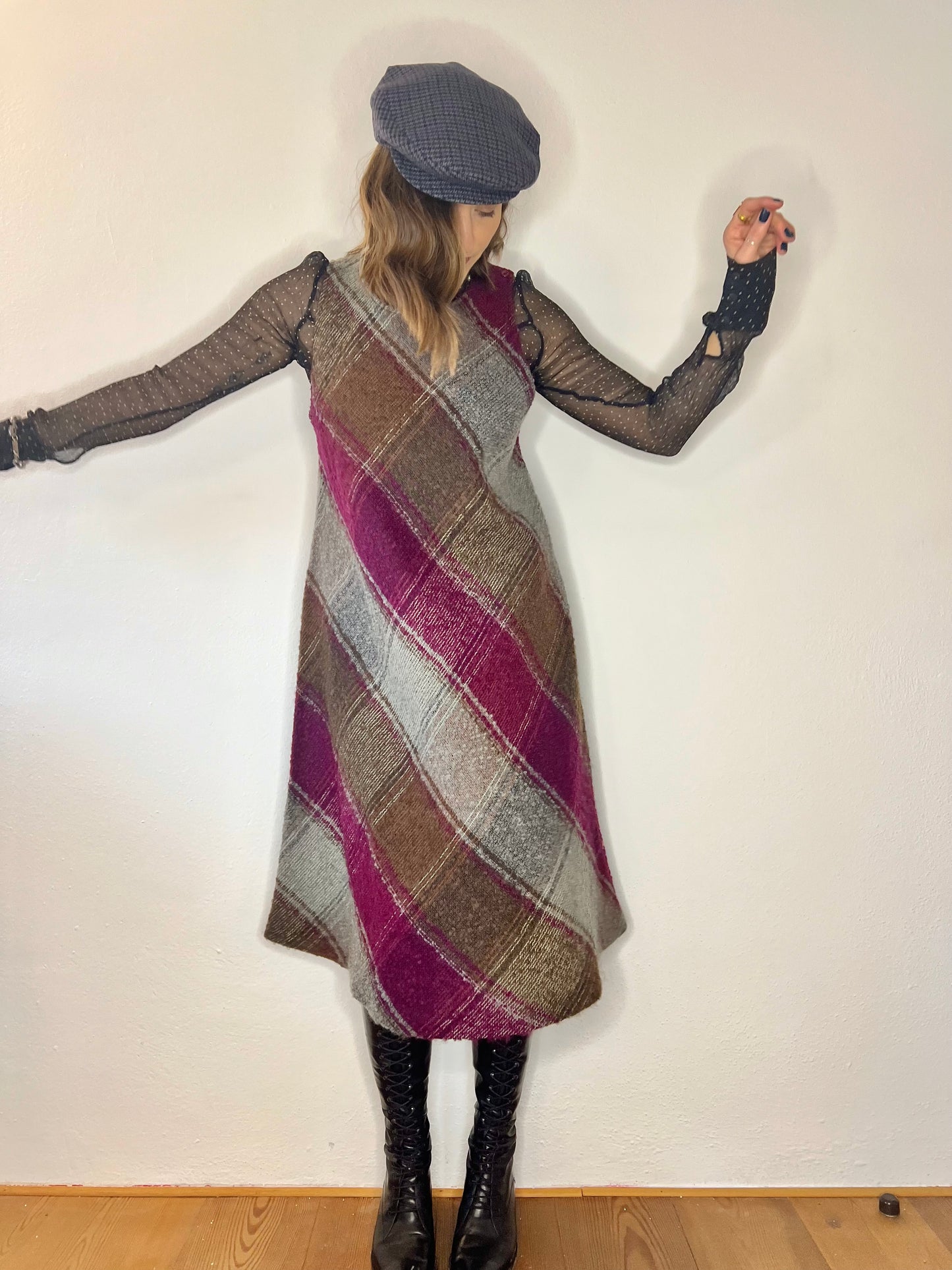 1970's vintage multicolor plaid knit wool midi dress