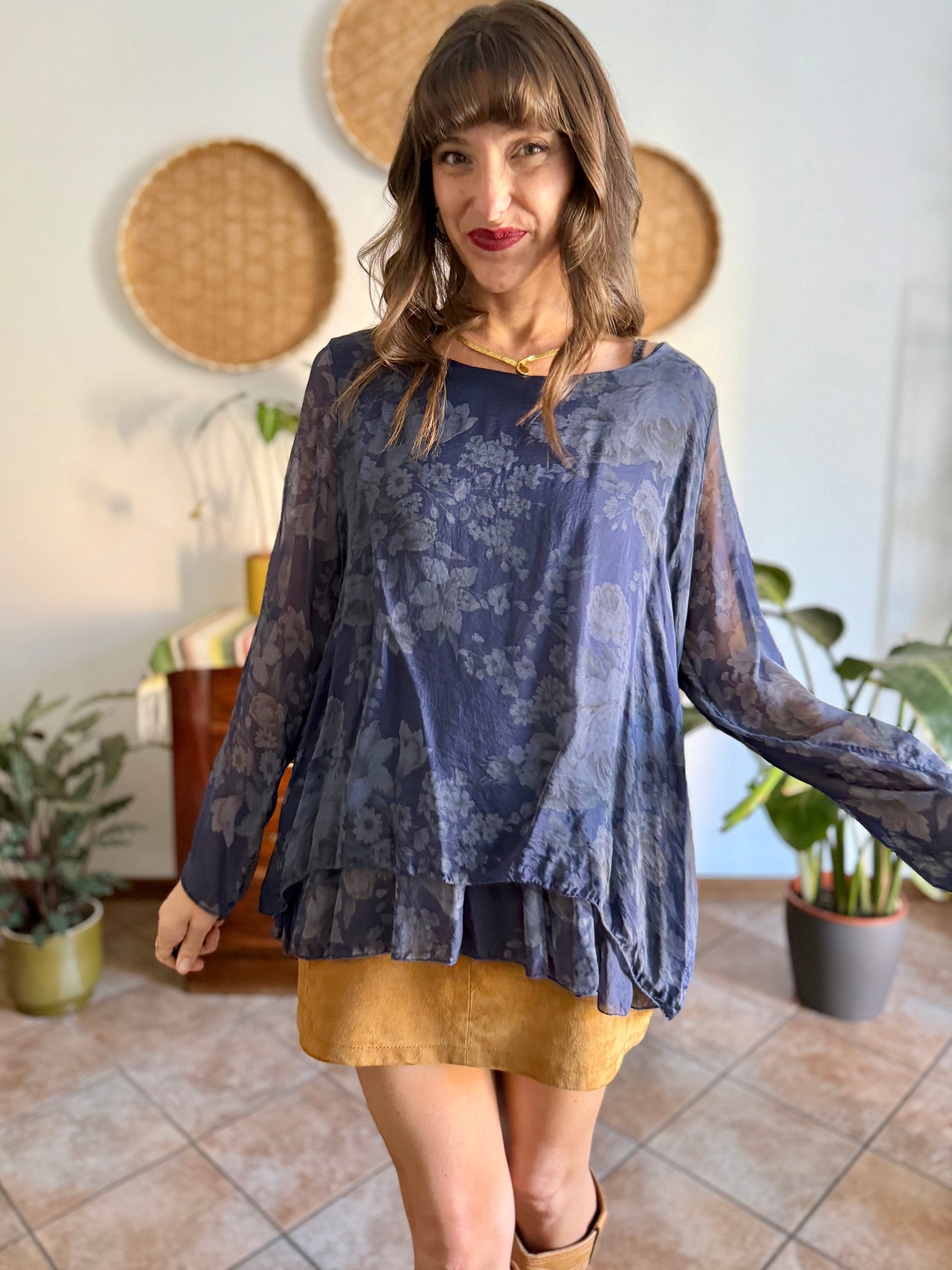 1990's vintage navy blue silk floral blouse with ruffle details