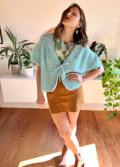 1970's vintage hand knit turquoise short sleeve cardigan