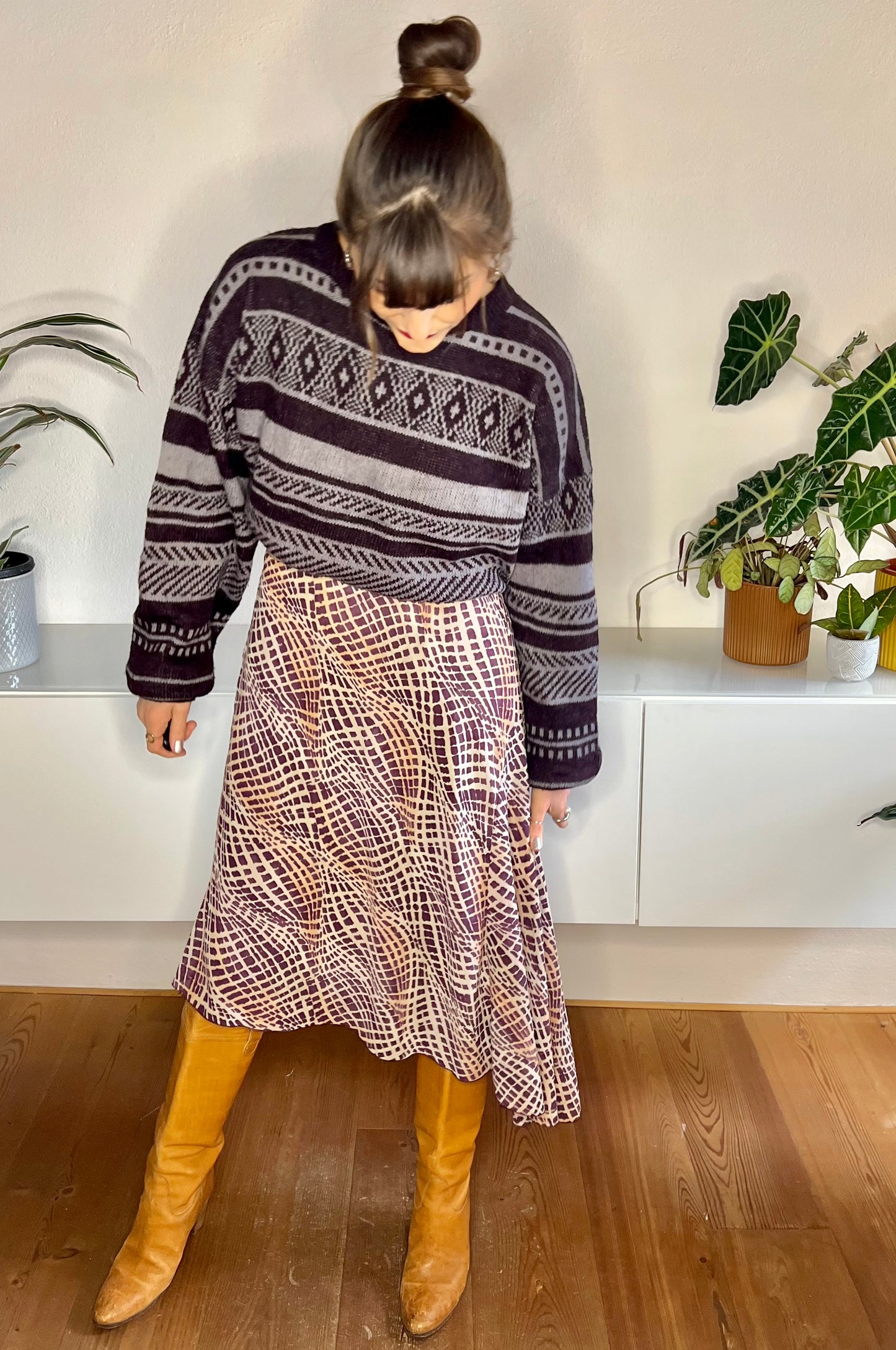 1990's vintage purple and brown asymmetrical geometric print midi skirt