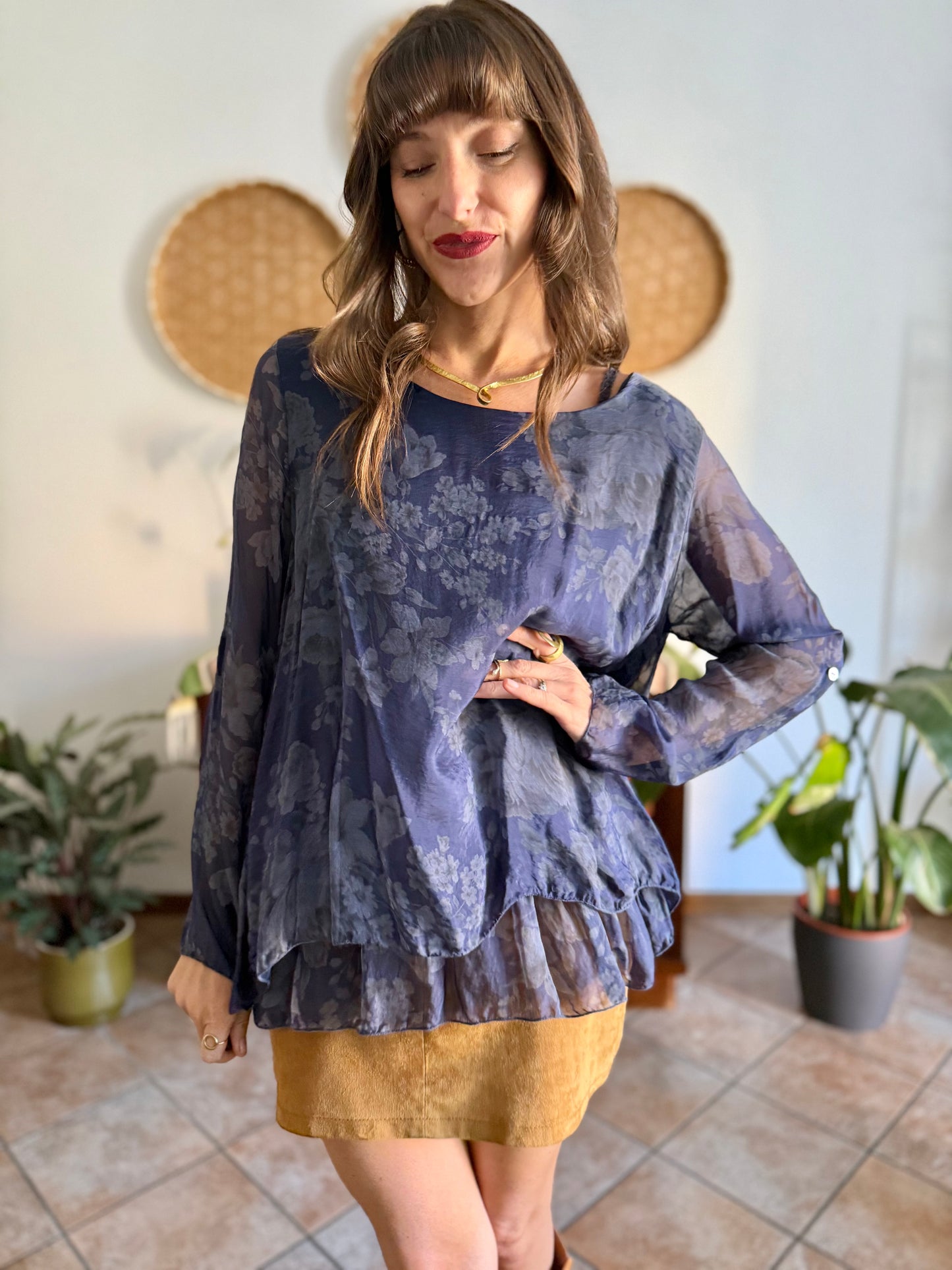 1990's vintage navy blue silk floral blouse with ruffle details