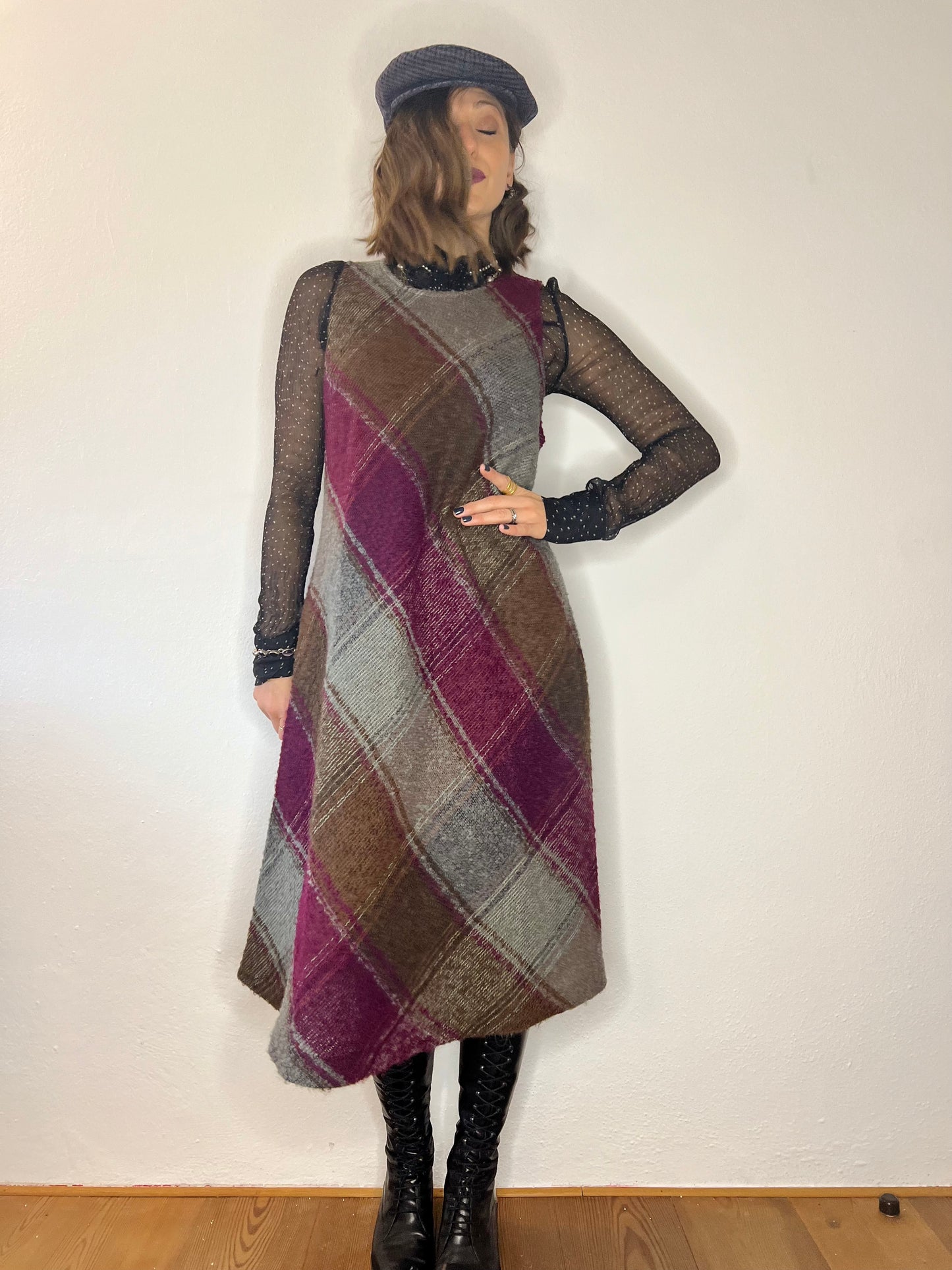 1970's vintage multicolor plaid knit wool midi dress