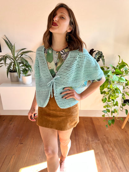 1970's vintage hand knit turquoise short sleeve cardigan