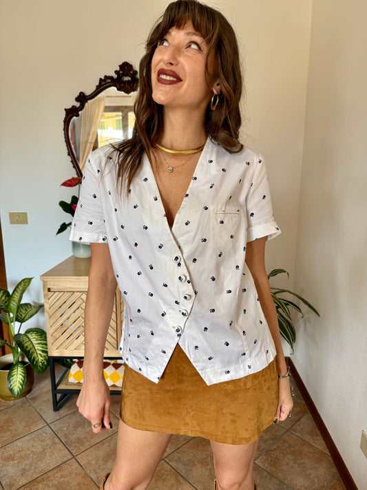 1970's vintage white asymmetrical button down blouse wit navy floral print