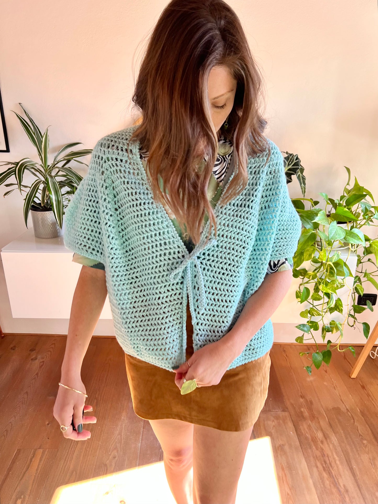 1970's vintage hand knit turquoise short sleeve cardigan