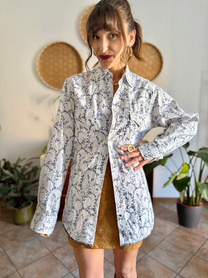 1990's vintage white pearl snap wester shirt with navy floral print