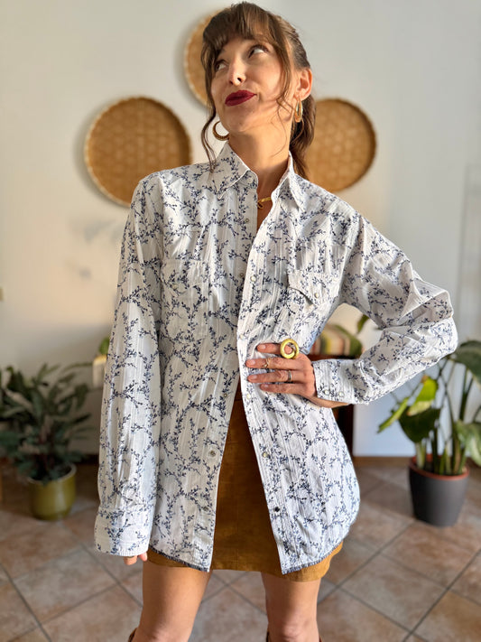1990's vintage white pearl snap wester shirt with navy floral print