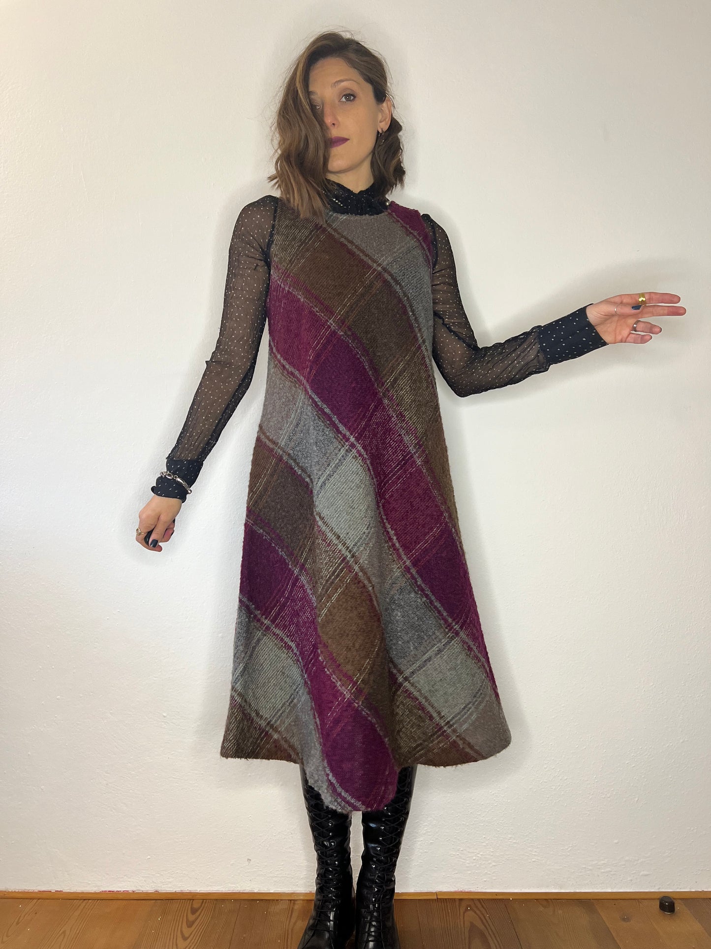 1970's vintage multicolor plaid knit wool midi dress