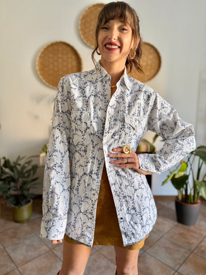 1990's vintage white pearl snap wester shirt with navy floral print