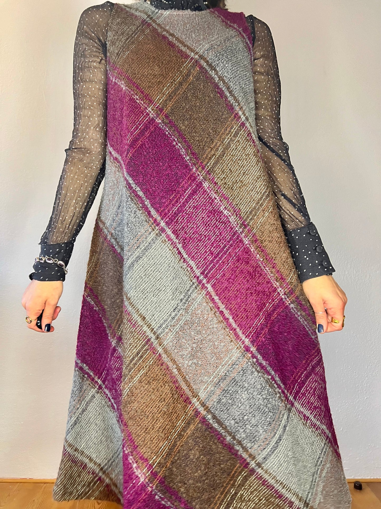 1970's vintage multicolor plaid knit wool midi dress