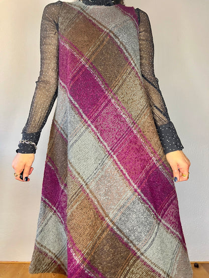 1970's vintage multicolor plaid knit wool midi dress