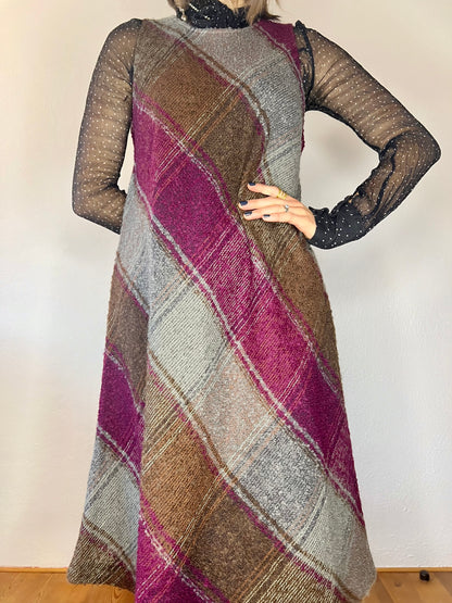 1970's vintage multicolor plaid knit wool midi dress