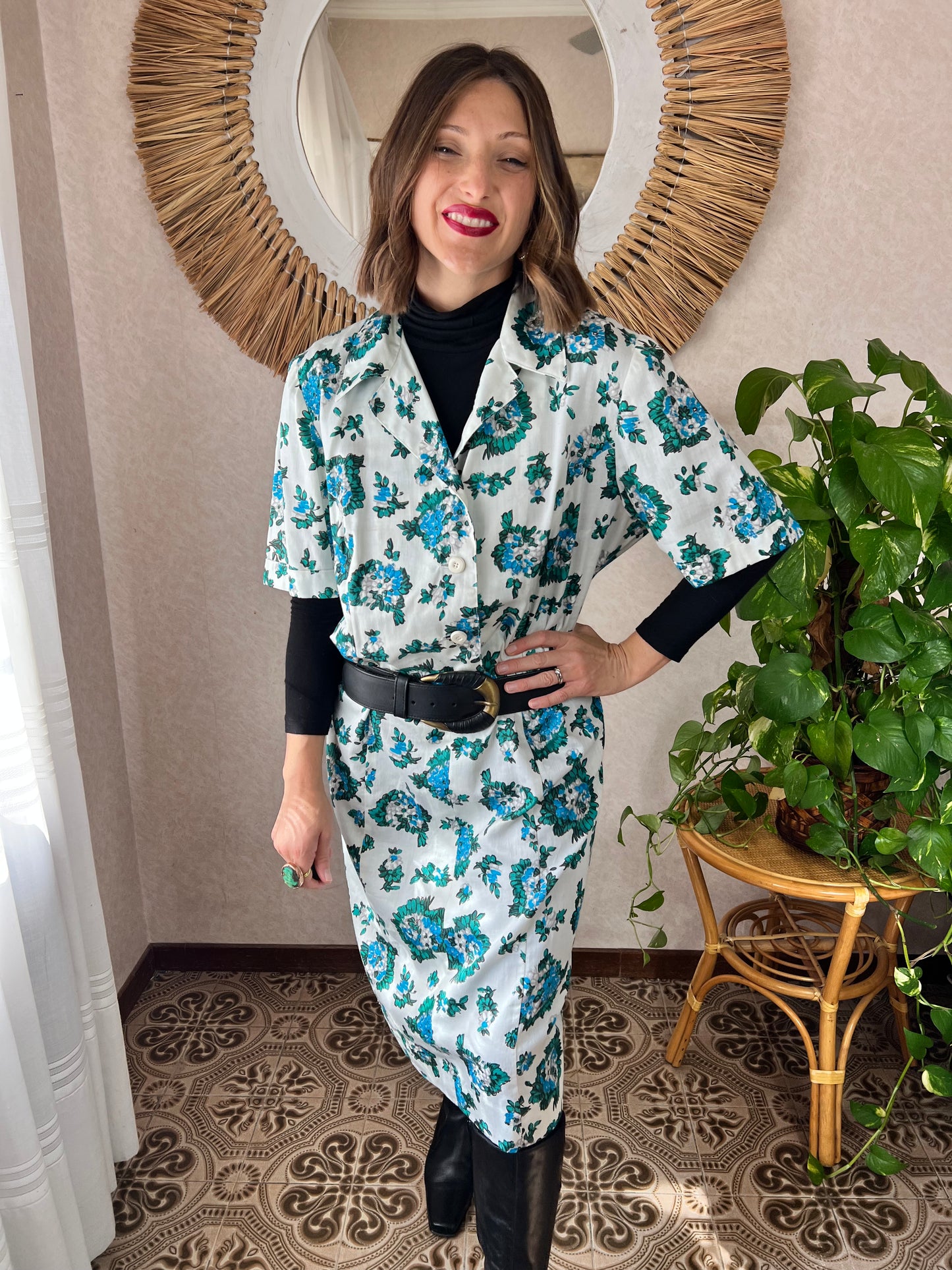 1970's vintage white midi dress with blue and green floral print