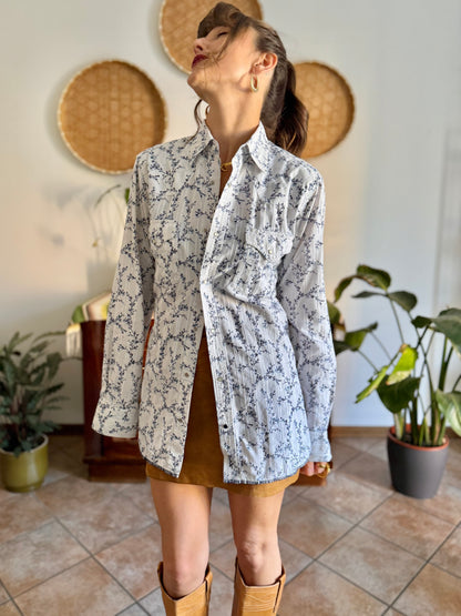 1990's vintage white pearl snap wester shirt with navy floral print