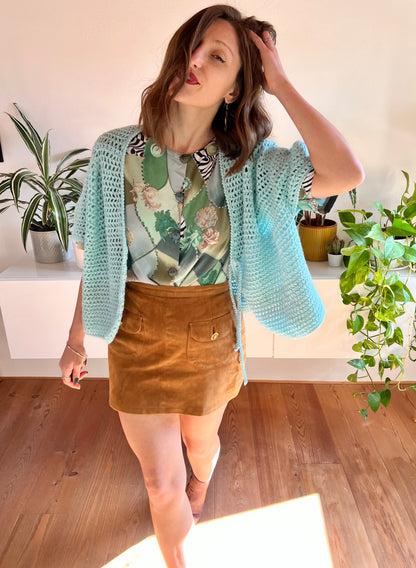 1970's vintage hand knit turquoise short sleeve cardigan