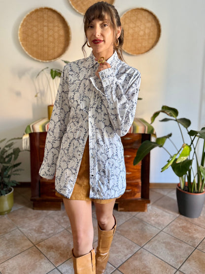 1990's vintage white pearl snap wester shirt with navy floral print
