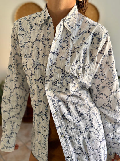 1990's vintage white pearl snap wester shirt with navy floral print