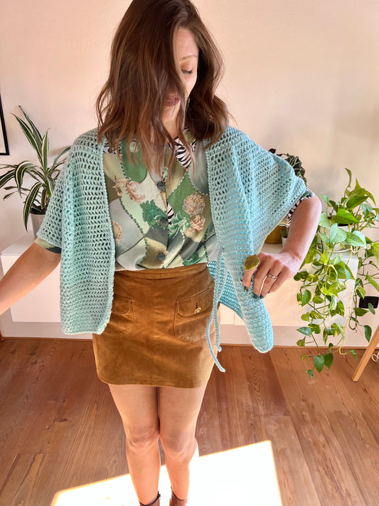 1970's vintage hand knit turquoise short sleeve cardigan