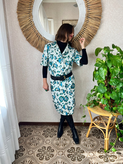 1970's vintage white midi dress with blue and green floral print