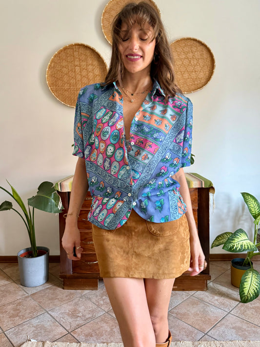 1970's vintage multicolor semi sheer floral blouse