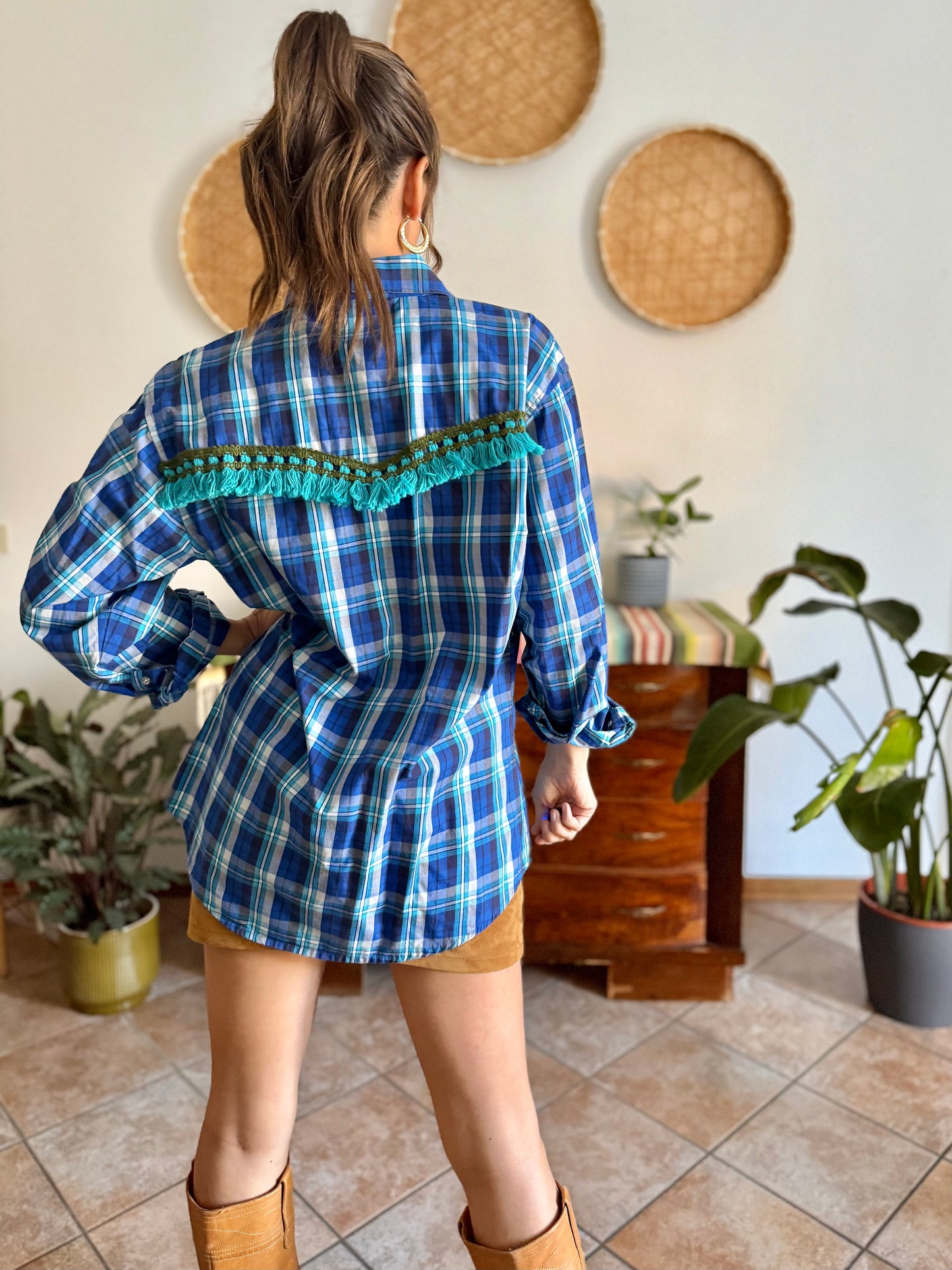1990's vintage blue and turquoise plaid pearl snap western shirt with turquoise fringe