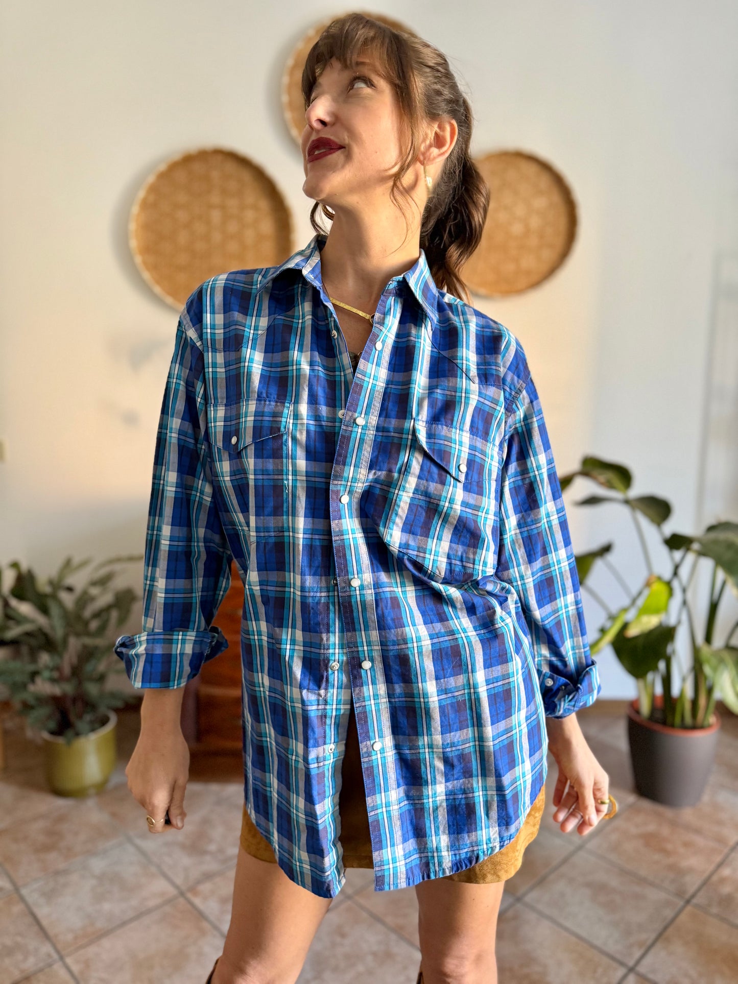 1990's vintage blue and turquoise plaid pearl snap western shirt with turquoise fringe
