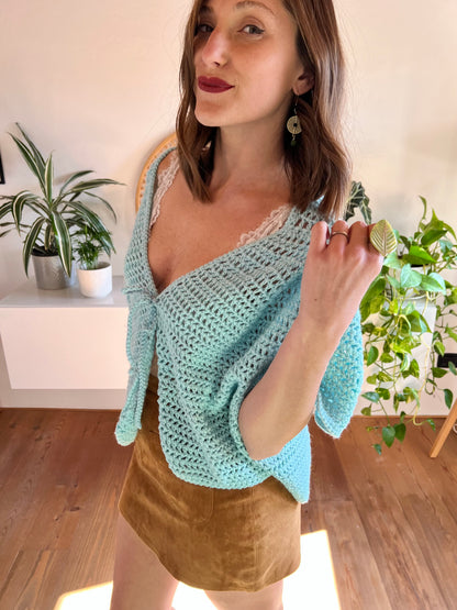 1970's vintage hand knit turquoise short sleeve cardigan