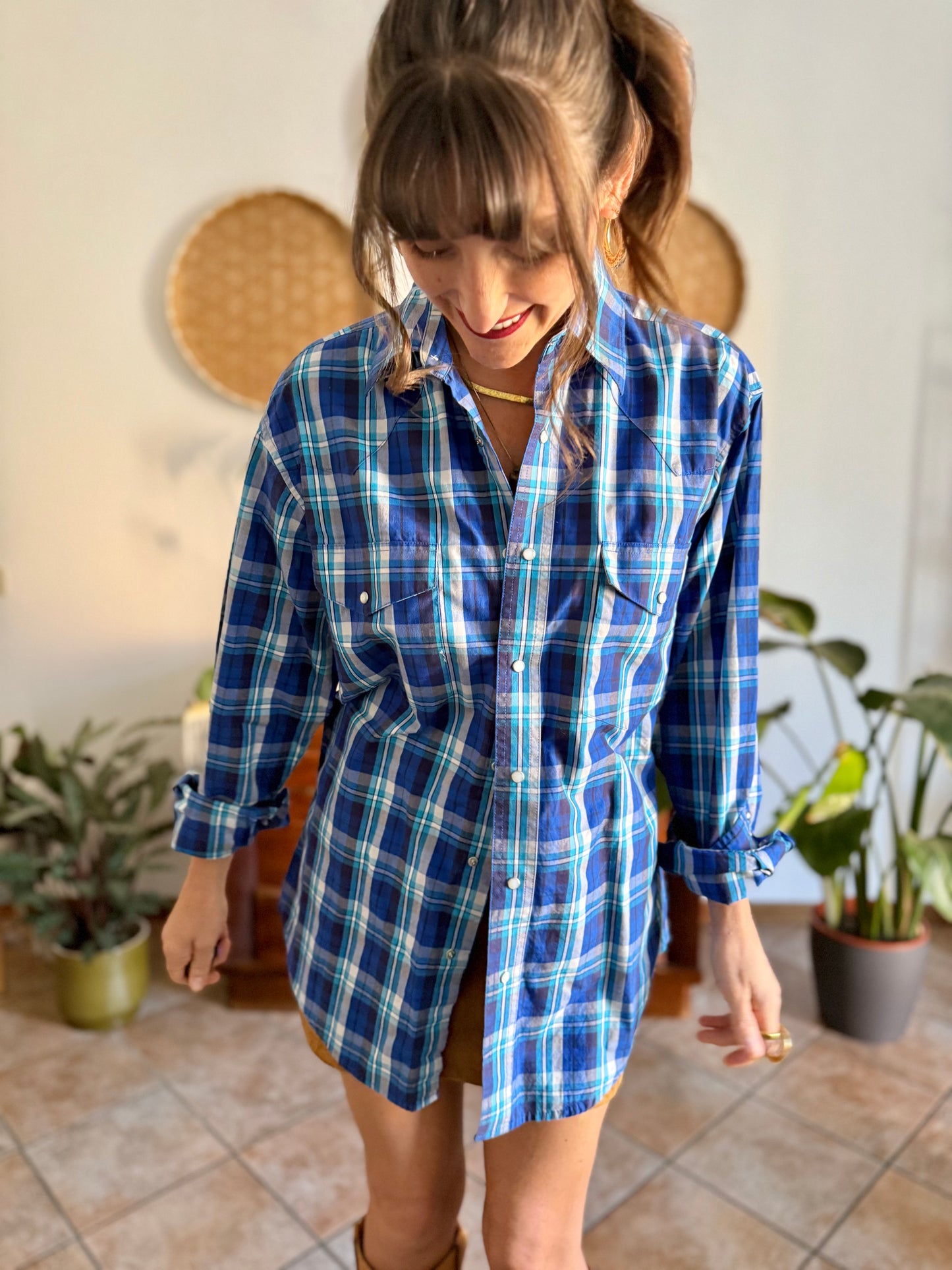 1990's vintage blue and turquoise plaid pearl snap western shirt with turquoise fringe