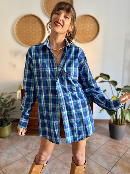 1990's vintage blue and turquoise plaid pearl snap western shirt with turquoise fringe