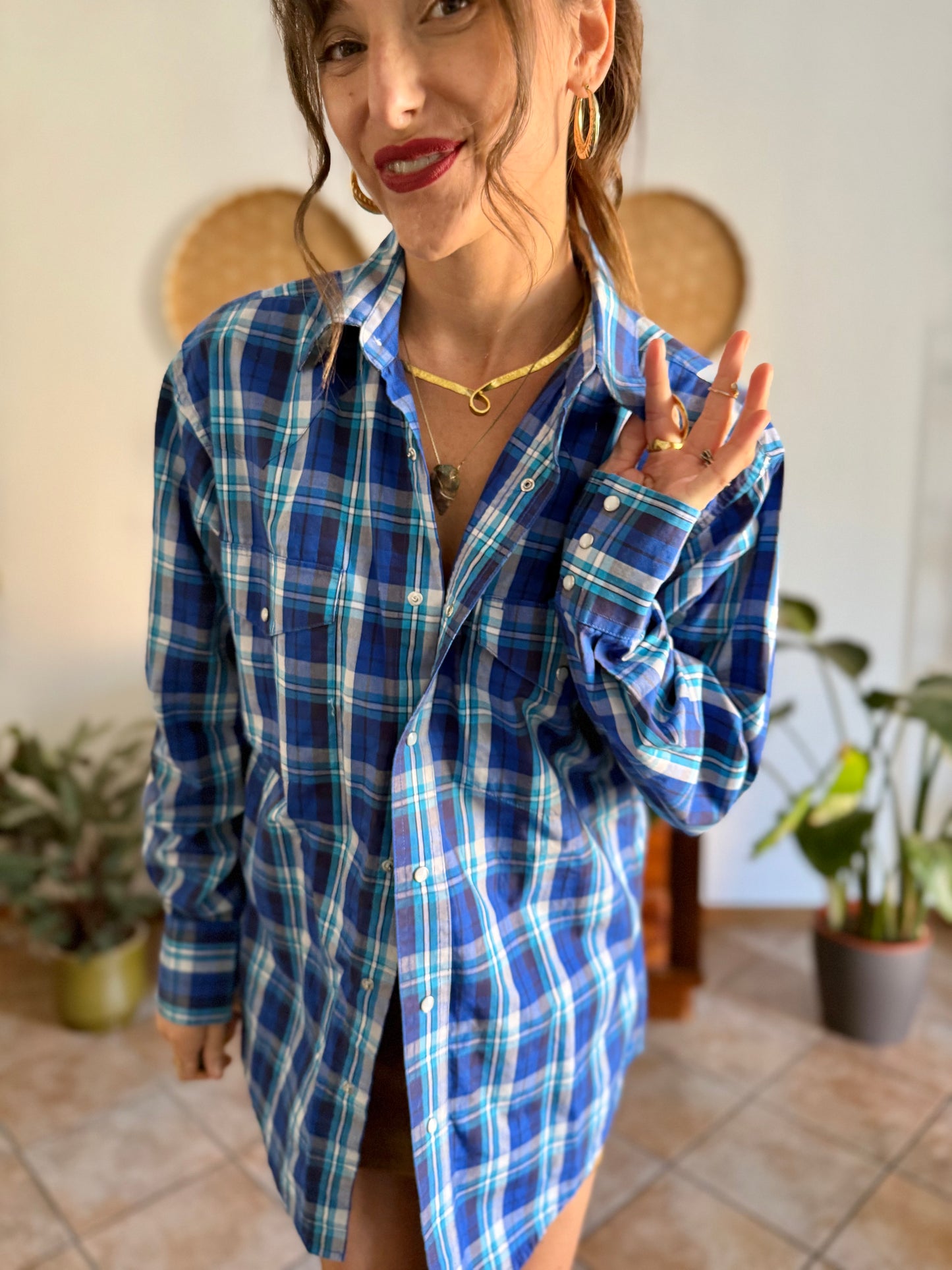 1990's vintage blue and turquoise plaid pearl snap western shirt with turquoise fringe