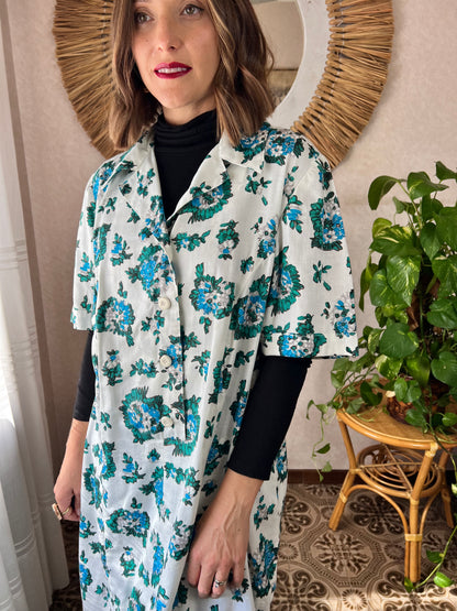 1970's vintage white midi dress with blue and green floral print