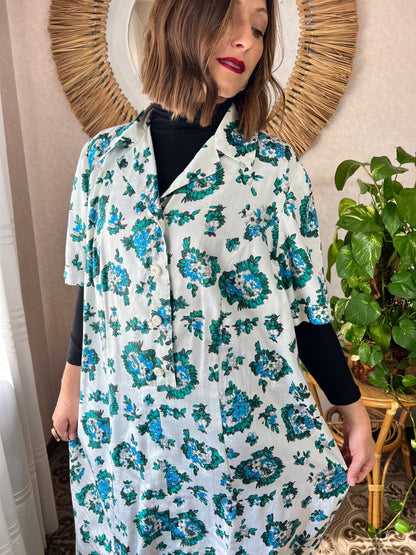 1970's vintage white midi dress with blue and green floral print