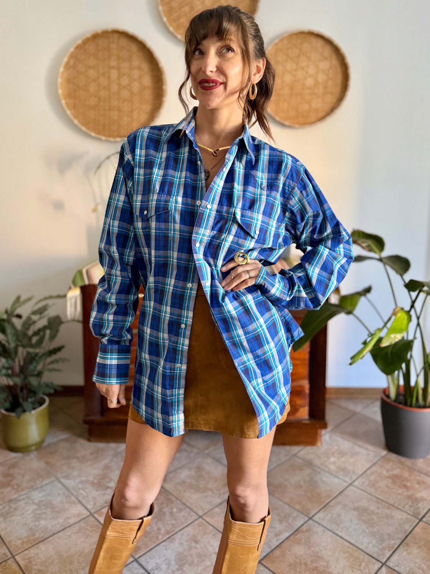 1990's vintage blue and turquoise plaid pearl snap western shirt with turquoise fringe