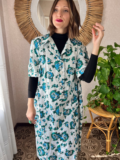 1970's vintage white midi dress with blue and green floral print